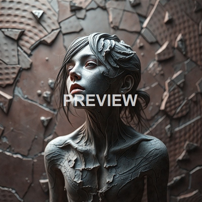 A highly detailed sculpture of a woman with a textured, cracked surface, set against a background of fragmented, geometric pieces.